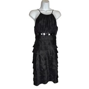 Cache Dress Size 4 Black Halter‎ Tiered Dress Beaded Waist Cocktail Party 🖤🖤